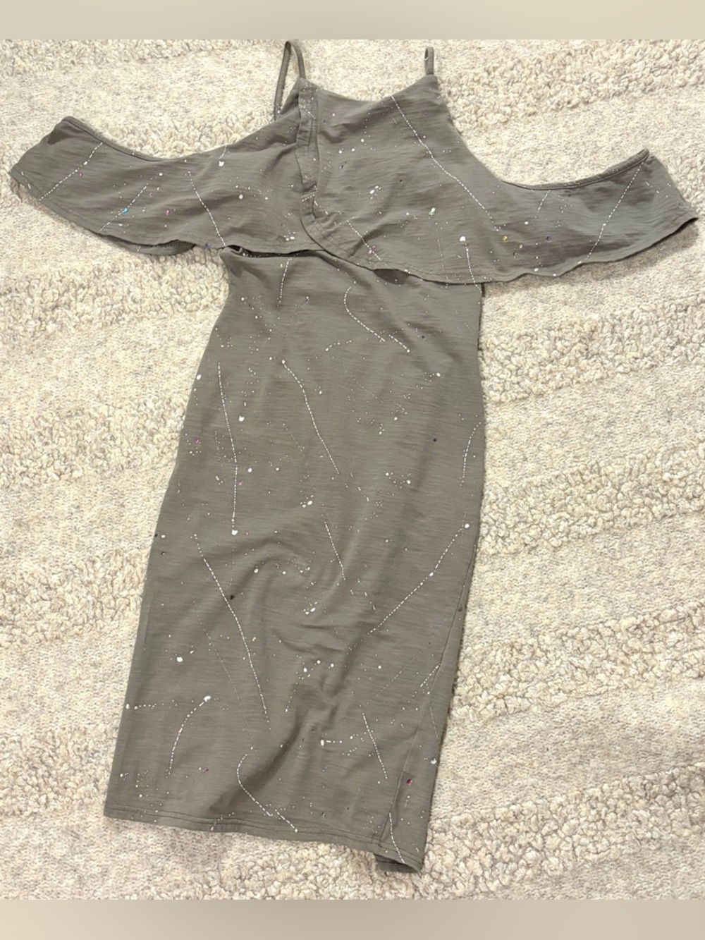 SHK Mode Off Shoulder Ruffle Dress Olive Paint Splatter Cold Shoulder-Size M